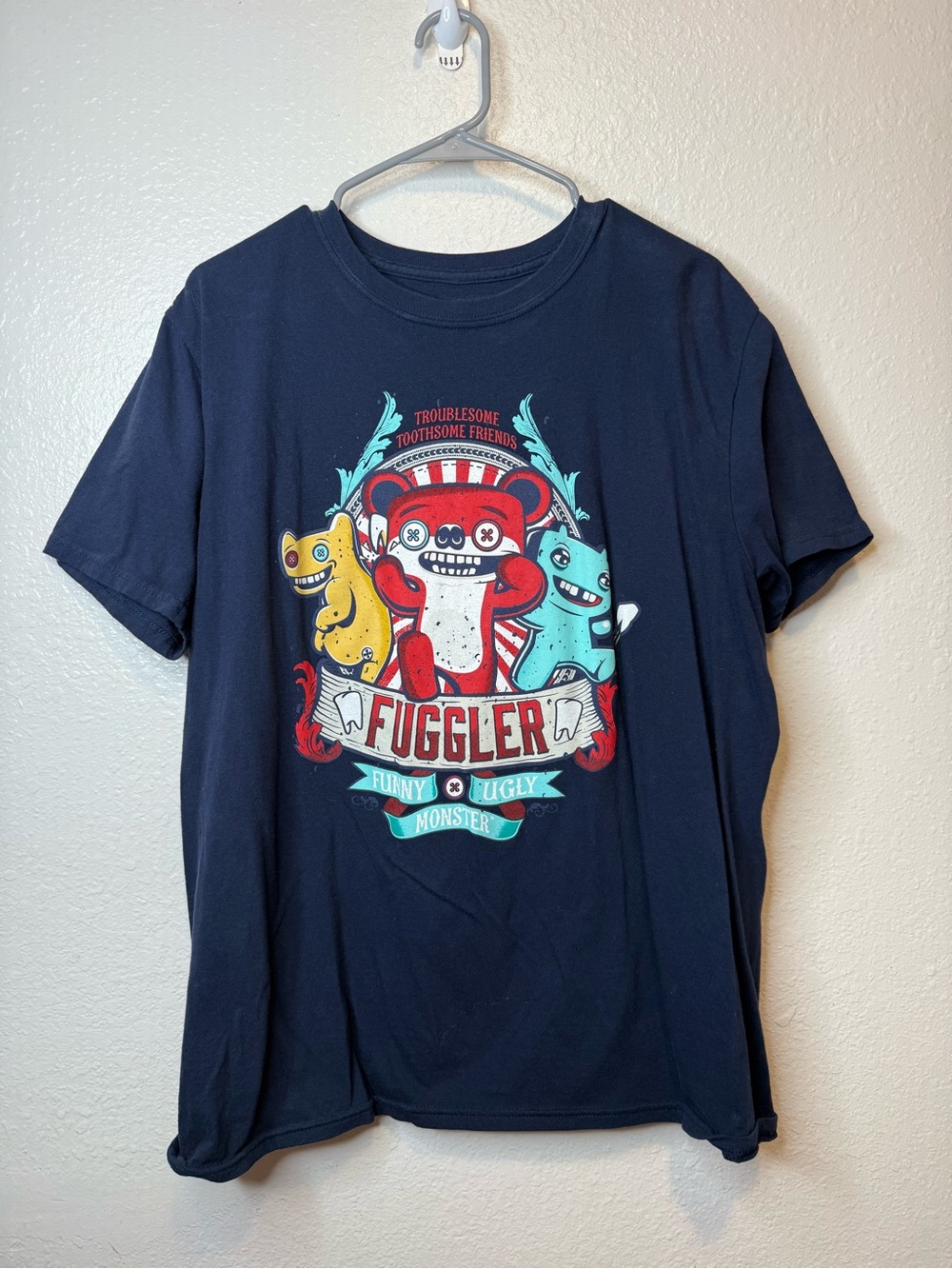 Fugglers Navy Troublesome Toothsome Friends T-Shirt Size L Unisex Teeth Buttons